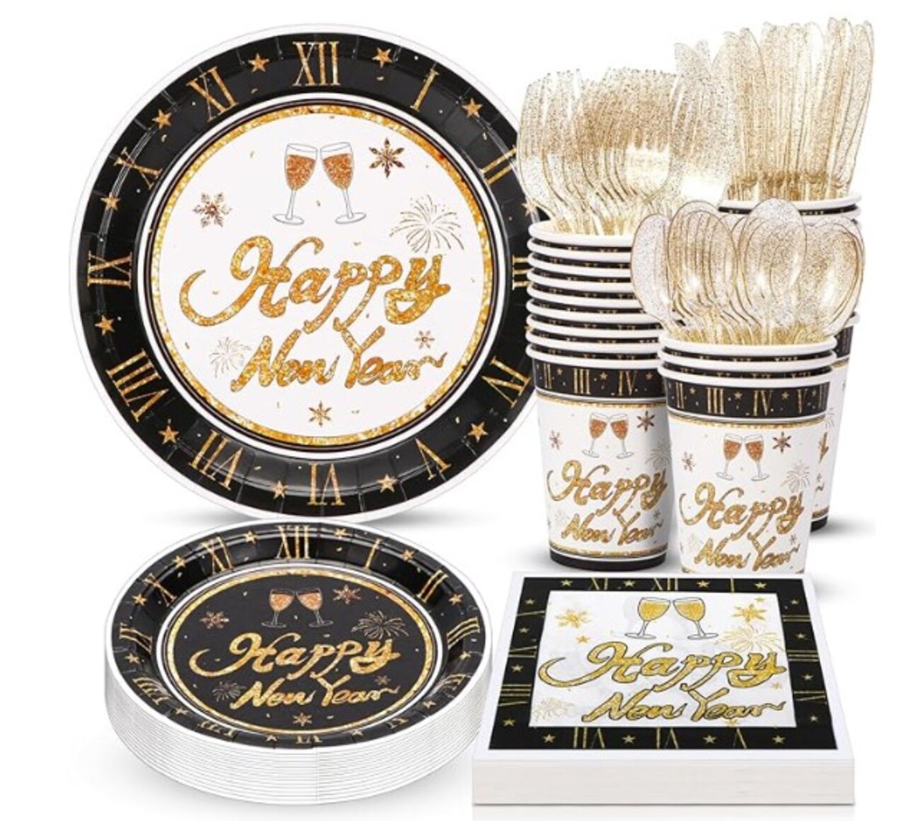 Happy New Year Party Supplies, New Year Party Plates, Cups, Napkins, and Cutlery, New Year Party Decorations for a New Year's Eve Party that serves 24 people